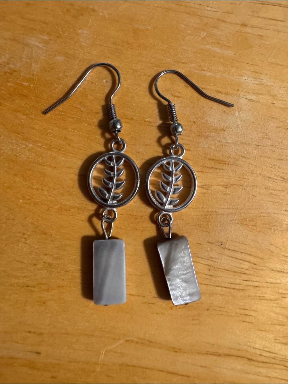 Silver Tone Leaf Abalone Dangle Earrings